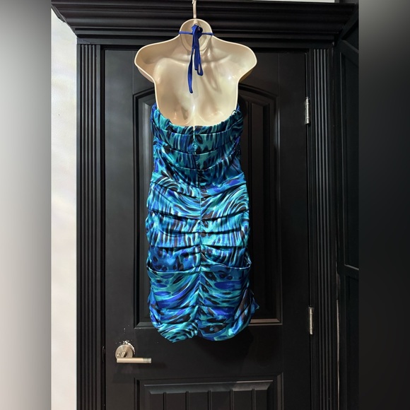 Le Chateau Ruched Satin Animal Print Dress - Picture 2 of 5